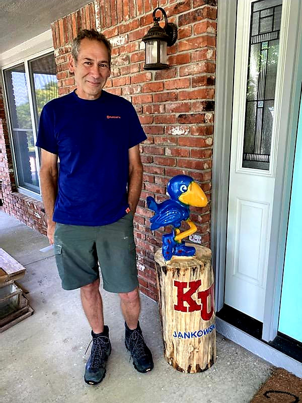 jayhawk, kansas, KU, baby jay, kansas jayhawks, chainsaw carving, Colorado Pine, artist, Dan Besco, Lawrence Kansas, crimson, blue, custom, stained, wedding gift, graduation gift, i love ku,
kansas jayhawk fan, college basketball, pharmacy jayhawk, golfer jayhawk, ku athletics, rock chalk, charity